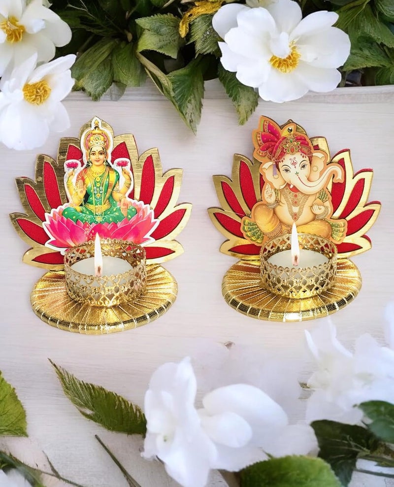 AROOMAN Arooman Handmade Lotus Laxmi and Ganesh Tealight Candle Holder for Diwali Decoration Festive Tabletop Dcor and Home Decoration Color Red Pack of 02  - Image 1