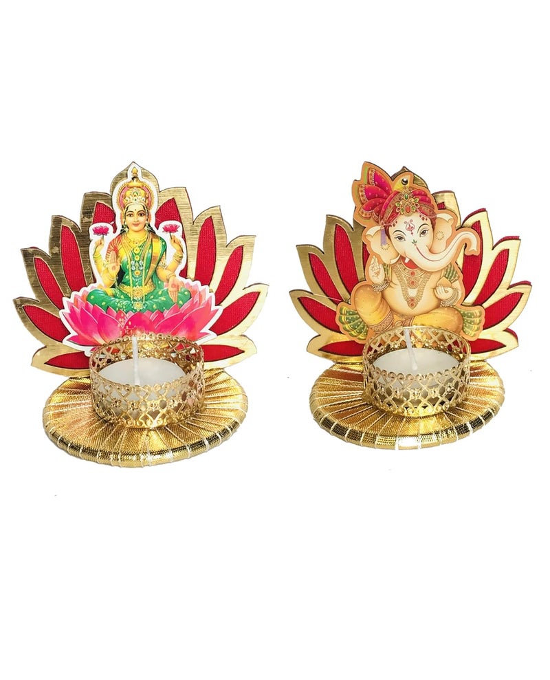 AROOMAN Arooman Handmade Lotus Laxmi and Ganesh Tealight Candle Holder for Diwali Decoration Festive Tabletop Dcor and Home Decoration Color Red Pack of 02  - Image 2