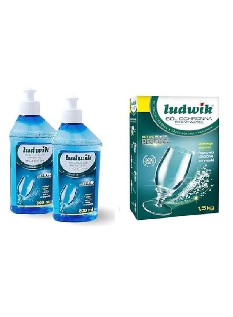 Ludwik مجموعة ملح واقي لغسالة الأطباق - 1.5 كجم + مساعد شطف لغسالة الأطباق من لودفيك - 300 مل (عبوة من قطعتين)