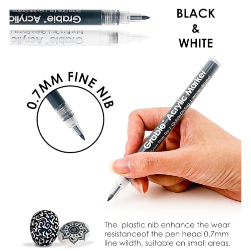 Grabie Black & White Extra Fine Tip Acrylic Paint Marker Set, 6 Pack, 0.7mm Acrylic Paint Pens for Highlights and Fine Details on Drawings, Rock Painting Glass Canvas Wood, White Highlight Markers - Image 3
