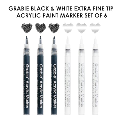 Grabie Black & White Extra Fine Tip Acrylic Paint Marker Set, 6 Pack, 0.7mm Acrylic Paint Pens for Highlights and Fine Details on Drawings, Rock Painting Glass Canvas Wood, White Highlight Markers - Image 2