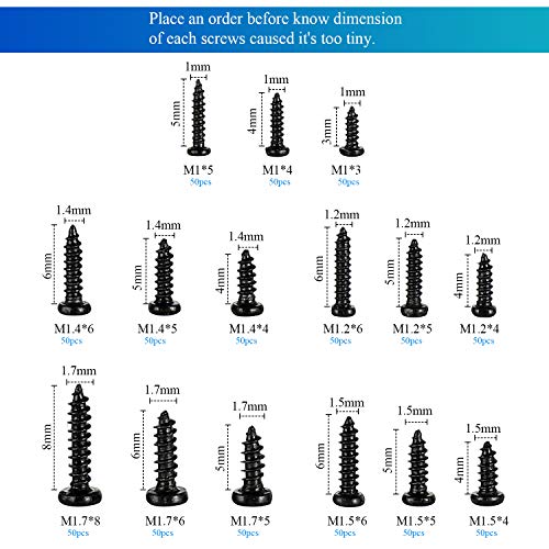 HanTof 750pcs Black Tiny Screws for Electronics, M1, M1.2, M1.4, M1.5, M1.7 Very Small Phillips Pan Head Self Tapping Screws, Micro Wood Screws, Mini Electronic Screws Assortment Kit-Carbon Steel - Image 4