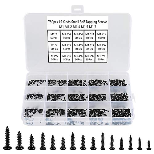 HanTof 750pcs Black Tiny Screws for Electronics, M1, M1.2, M1.4, M1.5, M1.7 Very Small Phillips Pan Head Self Tapping Screws, Micro Wood Screws, Mini Electronic Screws Assortment Kit-Carbon Steel - Image 1