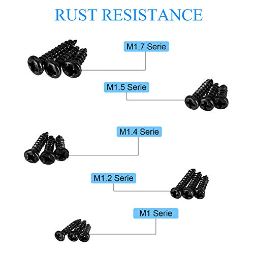 HanTof 750pcs Black Tiny Screws for Electronics, M1, M1.2, M1.4, M1.5, M1.7 Very Small Phillips Pan Head Self Tapping Screws, Micro Wood Screws, Mini Electronic Screws Assortment Kit-Carbon Steel - Image 5