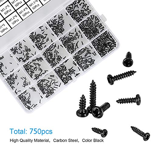 HanTof 750pcs Black Tiny Screws for Electronics, M1, M1.2, M1.4, M1.5, M1.7 Very Small Phillips Pan Head Self Tapping Screws, Micro Wood Screws, Mini Electronic Screws Assortment Kit-Carbon Steel - Image 3
