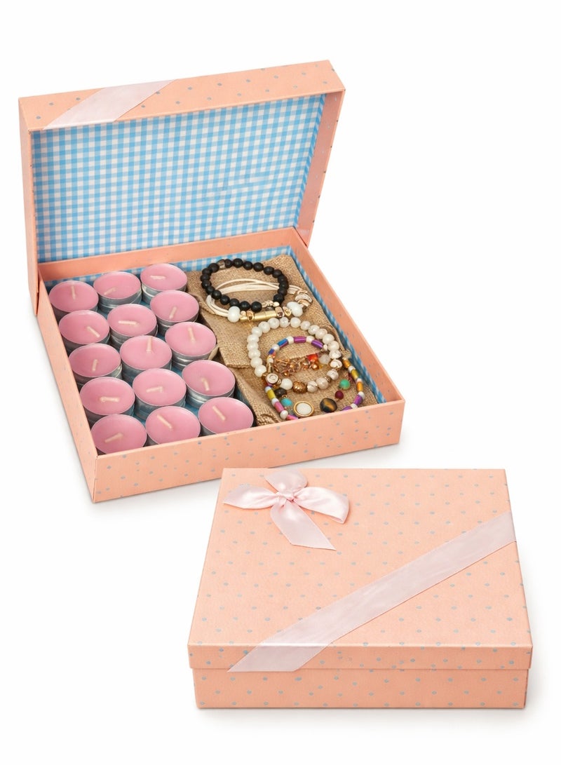 Gift box with 45 rose pink tea light candles and 6 charm bracelets and bands ideal for gifts ladies and girls