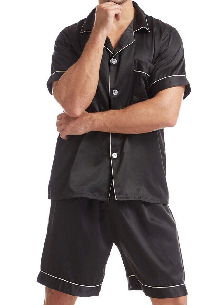 MARGOUN Mens 2pcs Summer Soft Pyjamas Set Short Sleeve Button Down Shirt With Boxer Shorts Black XL (Shirt Length 28''/Shirt Chest 24''/Pajama Length 21''/Pajama Waist 30'') - Image 4