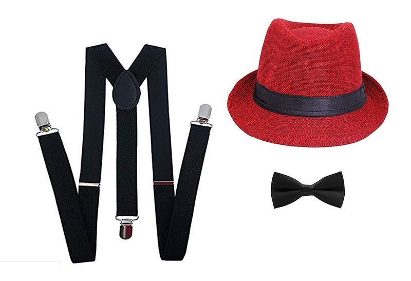 CLOTHERA Black Suspender and velvet Bow Tie Set with Red Hat for Kids 1yrs to 3yrs - Image 1