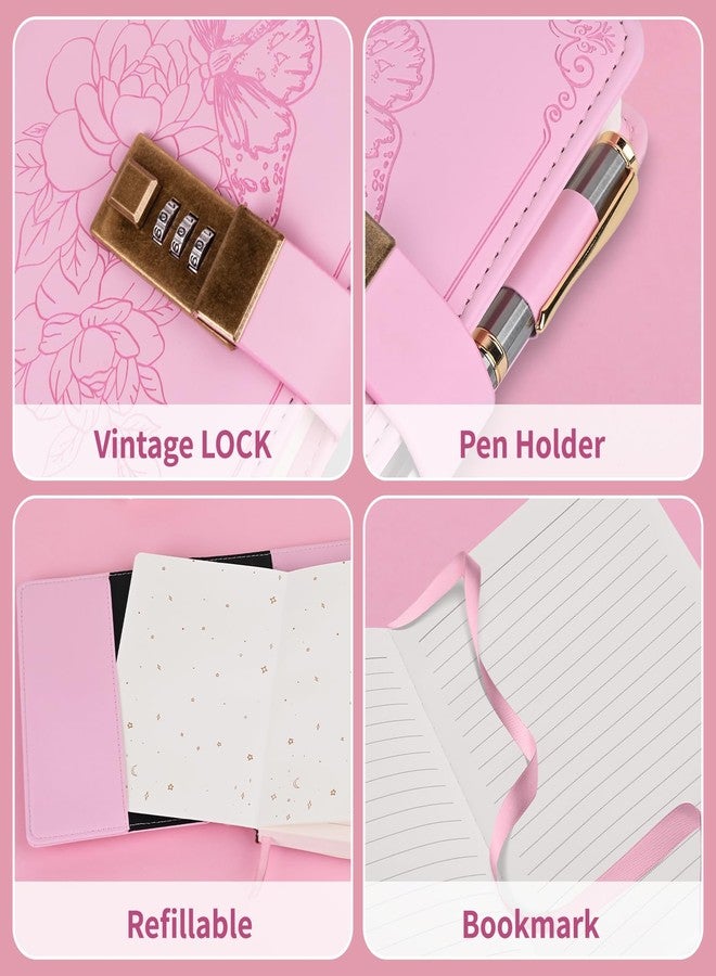 Billtigif Diary with Lock, Vintage Lock Journal for Women and Girls, Hardcover Leather Journal for Gift, Refillable Lined Journal Notebook,5.2"x 7.3", （Pink） - Image 4