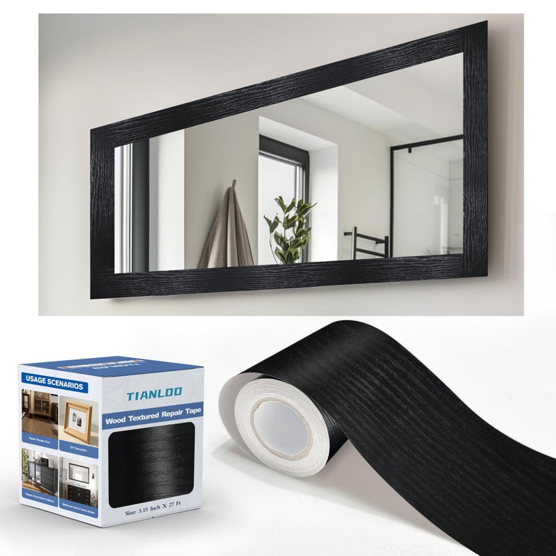 TIANLDD 27 FT Wood Grain Wallpaper Border Removable Waterproof Mirror Border Peel and StickBathroom Mirror Frame BorderBlack