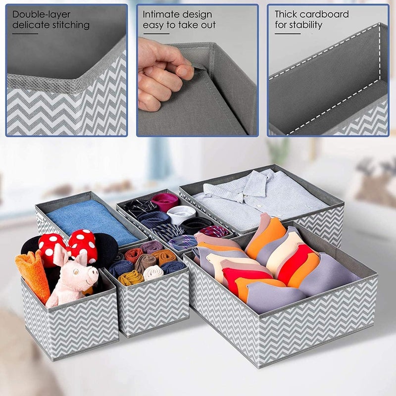 MUSVUZA MUSVUZA Foldable Cloth Storage Box Closet Dresser Drawer Organizer Cube Basket Bins Containers Divider with Drawers for Underwear Bras Socks Ties Scarves Set of 6 Grey Wave - Image 2