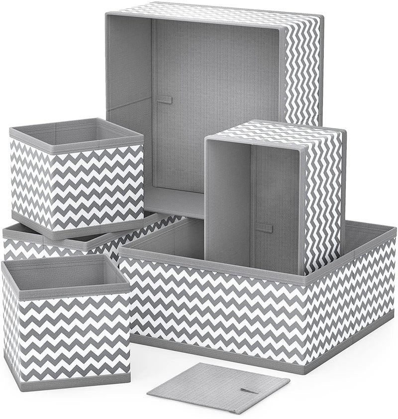 MUSVUZA MUSVUZA Foldable Cloth Storage Box Closet Dresser Drawer Organizer Cube Basket Bins Containers Divider with Drawers for Underwear Bras Socks Ties Scarves Set of 6 Grey Wave - Image 1