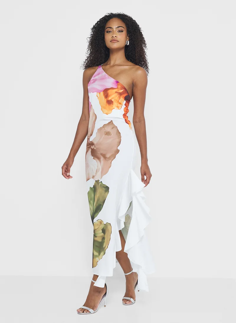 جينجر One Shoulder Oversize Floral A Line Dress