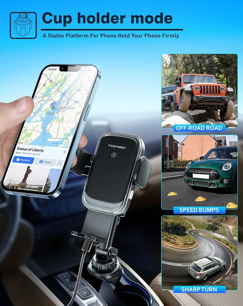 TOPGO [Upgraded] Cup Holder Phone Mount Wireless Charger,Universal Cell Phone Holder Car Charger Wireless-Charger-Cup-Phone-Holder Fast Charging for iPhone11/11 Pro/11 Pro Max, Samsung Galaxy Black - Image 2