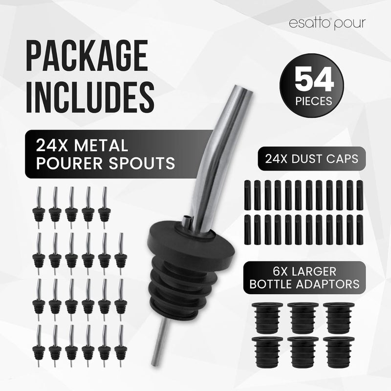 Esatto Stainless Steel Liquor Bar Bottle Pourers - Drip-Free Nozzle - Pour Spouts for Alcohol & Bartending - Universal Fit Speed Spout - Rust-Free & Easy Clean - Chrome (24 Pack) - Image 2