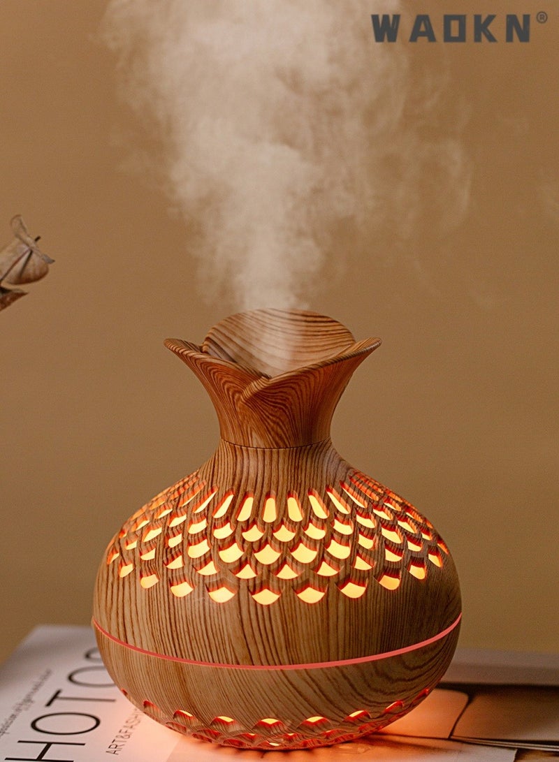 دبليو أيه أو كي أن زهرة على شكل مرطب خشبي البخور ، مع وظيفة قوية الترطيب ، 300ml قدرة كبيرة ، الناقل التسلسلي العام تعمل بالطاقة مكتب غرفة نوم رذاذ المرطب ، عملية كتم الصوت ، زهرية الشكل ، الخشب الحبوب تصميم - Image 1