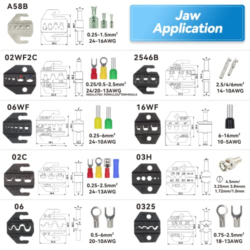 HKS Ratcheting Crimping Tool Set 11 PCS with Changeable Jaws for Dupont JST MOLEX - Open Barrel Terminals, Insulated & Non-Insulated Ferrules, Terminals & Butt Connectors,Solar & Coax Connectors - Image 3