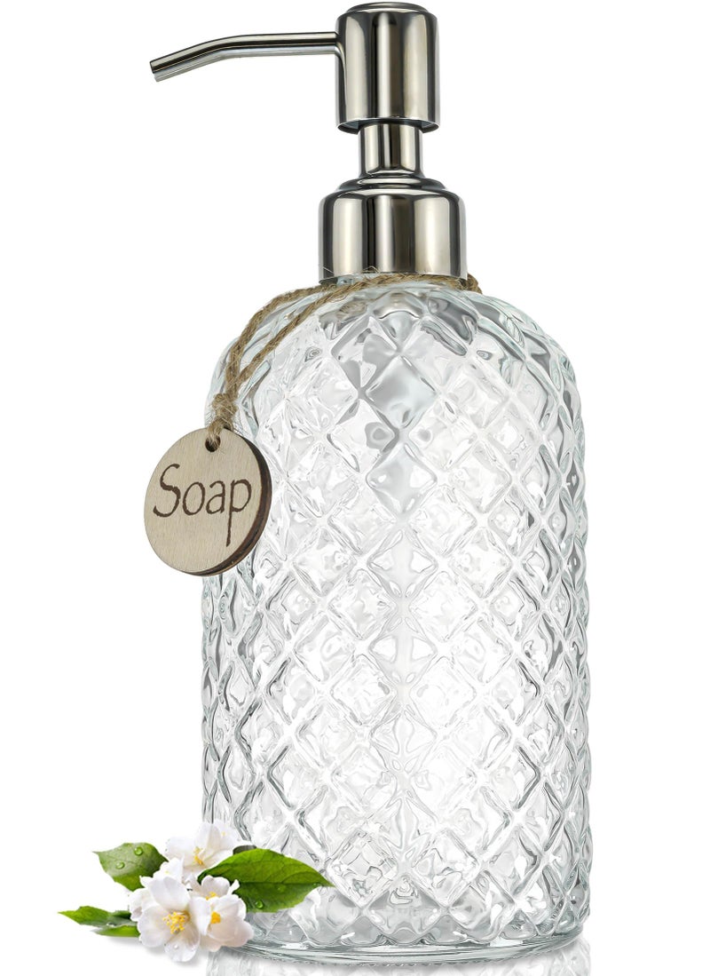 JASAI 18Oz Gem Patterned Clear Glass Soap Dispenser with Rust Proof Pump, Refillable Hand soap Dispenser for Kitchen, Premium Bathroom Soap Dispenser for Dish Soap, Hand soap, Lotion(Clear). - Image 1