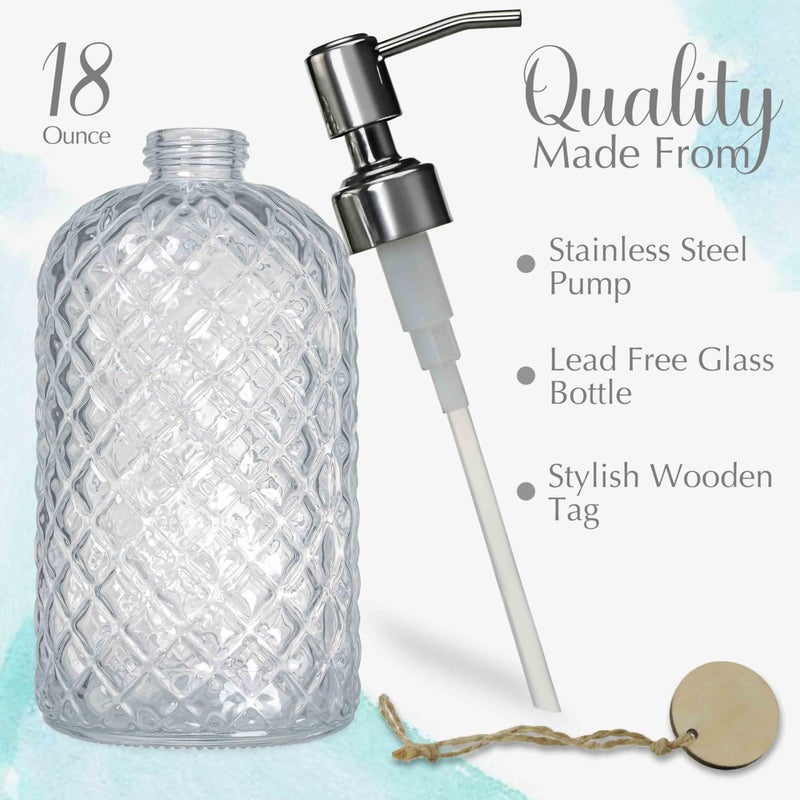 JASAI 18Oz Gem Patterned Clear Glass Soap Dispenser with Rust Proof Pump, Refillable Hand soap Dispenser for Kitchen, Premium Bathroom Soap Dispenser for Dish Soap, Hand soap, Lotion(Clear). - Image 2
