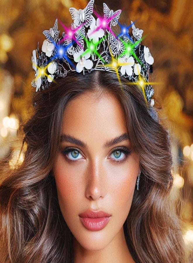 بريشو تيجان وفراشات ذهبية مضيئة من بريشو، إكسسوارات زفاف مزينة بالزهور، غطاء رأس نسائي لحفلات الرقص والحفلات الراقصة (ذهبي-أزرق) - Image 5