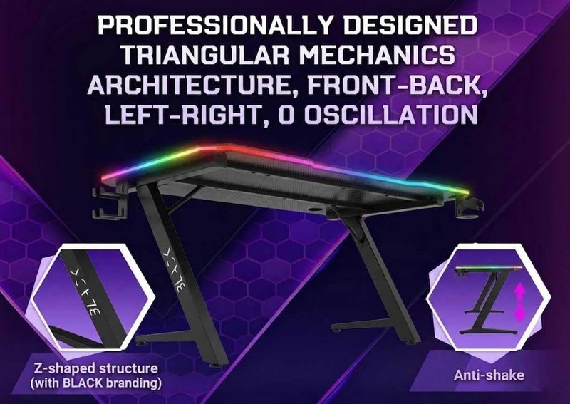بلاك طاولة العاب بإضاءة RGB، على شكل حرف Z، مقاس 140 × 60 × 73 سم، بسطح بنقشة ألياف الكربون، حامل كوب، خطاف سماعات (أسود) - Image 4