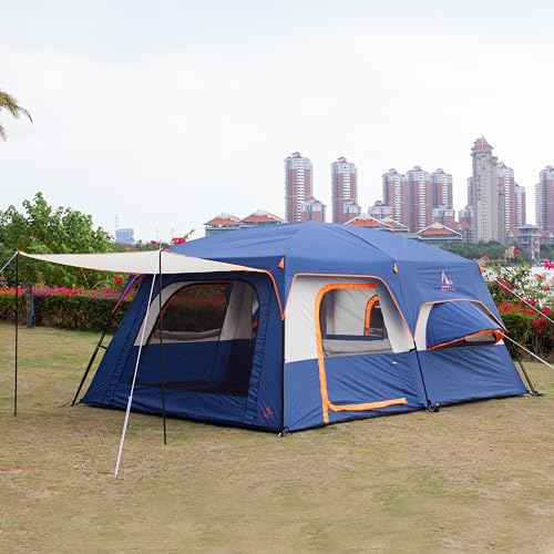 KTT Extra Large Tent 12 Person,Family Cabin Tents,2 Bay-Windows,2 Rooms and 3 Doors 3 Windows with Mesh,Waterproof,Straight Wall,Double Layer,Big Tent for Outdoor,Picnic,Camping(Dark Blue) - Image 2
