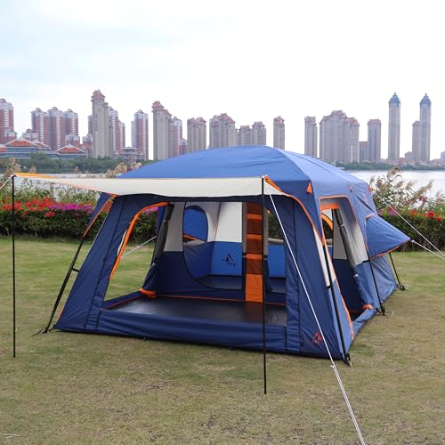 KTT Extra Large Tent 12 Person,Family Cabin Tents,2 Bay-Windows,2 Rooms and 3 Doors 3 Windows with Mesh,Waterproof,Straight Wall,Double Layer,Big Tent for Outdoor,Picnic,Camping(Dark Blue) - Image 4