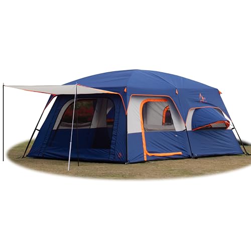 KTT Extra Large Tent 12 Person,Family Cabin Tents,2 Bay-Windows,2 Rooms and 3 Doors 3 Windows with Mesh,Waterproof,Straight Wall,Double Layer,Big Tent for Outdoor,Picnic,Camping(Dark Blue) - Image 1