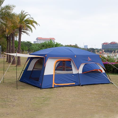KTT Extra Large Tent 12 Person,Family Cabin Tents,2 Bay-Windows,2 Rooms and 3 Doors 3 Windows with Mesh,Waterproof,Straight Wall,Double Layer,Big Tent for Outdoor,Picnic,Camping(Dark Blue) - Image 3
