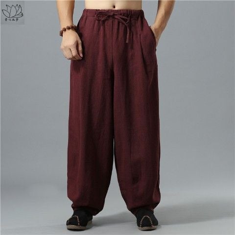 Ethnic Cotton-Linen Loose Lantern Pants for Men dark red 