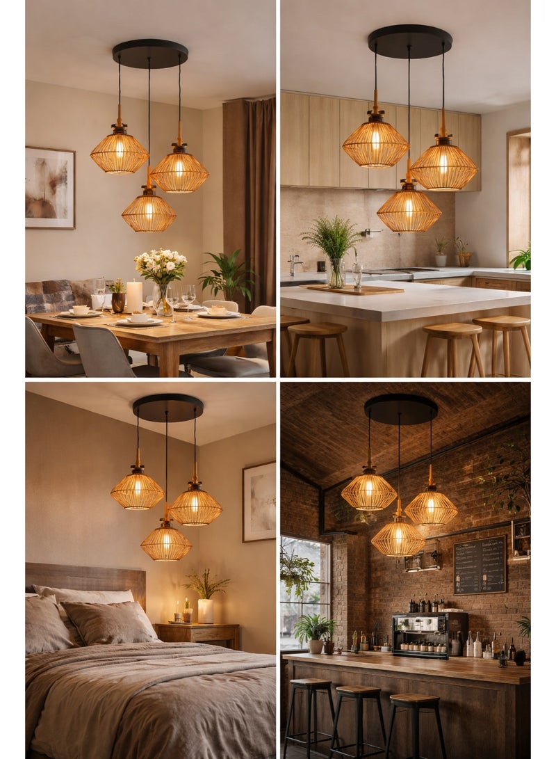 Prime Sole 3 Light Rattan Pendant Ceiling Light Modern Hanging Chandelier E27 Adjustable Pendant Lamp for Kitchen Island Dining Room Living Room Cafe Home Decor Lighting Fixture - Image 2