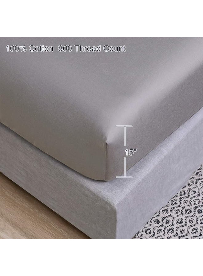 PHF شيت مفروش PHF 800 خيط ساتان 100% قطن مصري طبيعي ناعم متين قابل للتنفس دافئ لفصل الشتاء حجم مزدوج، 54x75+19 بوصة، رمادي - Image 3
