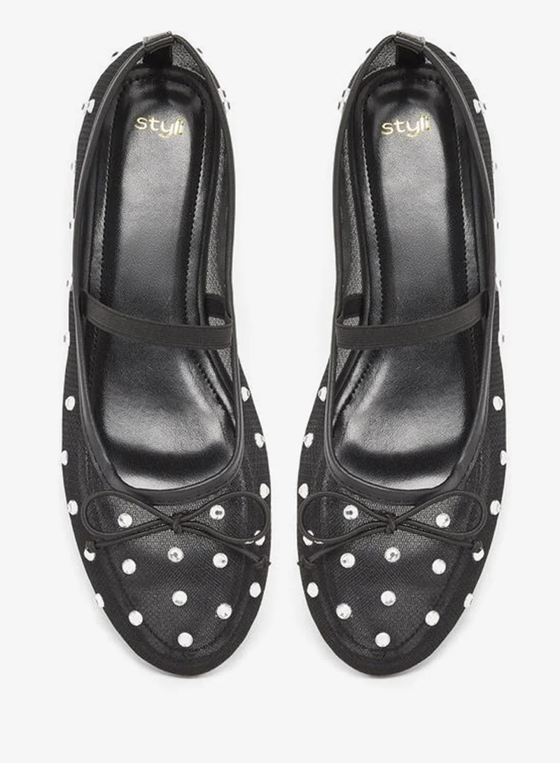 Styli  Black Polka Dot Embellished Ballerina for Women | Best Price UAE