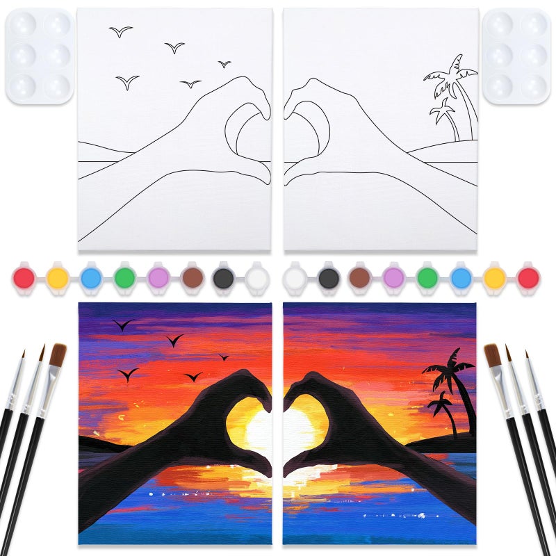 Vochic Sip And Paint Kit  Pre Drawn Canvas Couples Painting Party Kits  Paint Art Set With Outline Canvas For Adults Date Night Game Couple Sunset Heart  Valentine'S Day  2 Pack (12 X 16 Inches) - Image 1
