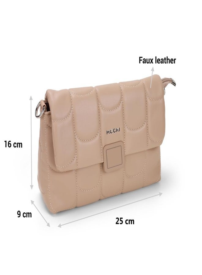 Mochi Women Khaki Casual Pu Soft Body Zipper Closure Quilted Sling Bag With 3 Pocket And Compartments (66-690) - Image 3