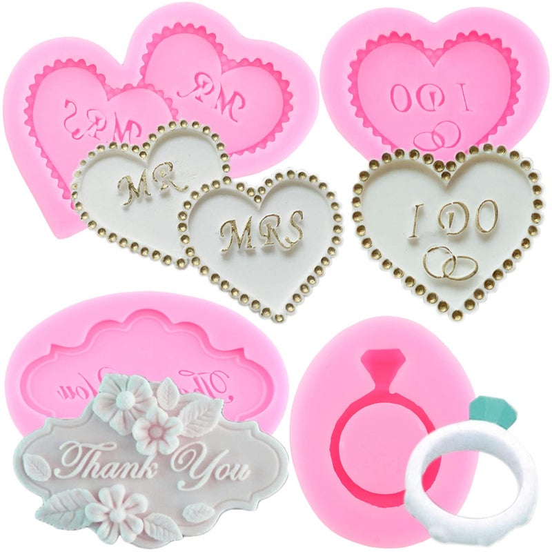 Mujiang Heart MR MRS I DO Silicone Fondant Mold Thank You Ring Candy Chocolate Mold for Wedding Cake Decorating Gum Paste Polymer Clay Set of 4