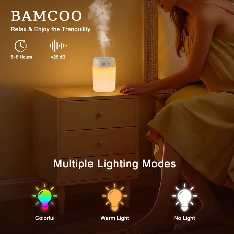 BAMCOO Portable Small Humidifier, 650ml Colorful Mini Humidifier for Bedroom, Office Desktop, Baby Room, Plants, Cool Mist Humidifiers(White) - Image 2