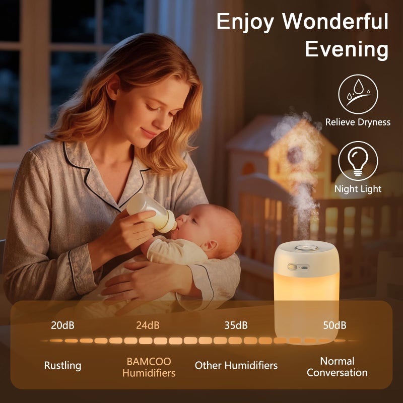 BAMCOO Portable Small Humidifier, 650ml Colorful Mini Humidifier for Bedroom, Office Desktop, Baby Room, Plants, Cool Mist Humidifiers(White) - Image 3