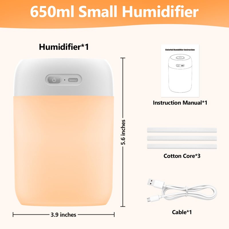 BAMCOO Portable Small Humidifier, 650ml Colorful Mini Humidifier for Bedroom, Office Desktop, Baby Room, Plants, Cool Mist Humidifiers(White) - Image 5
