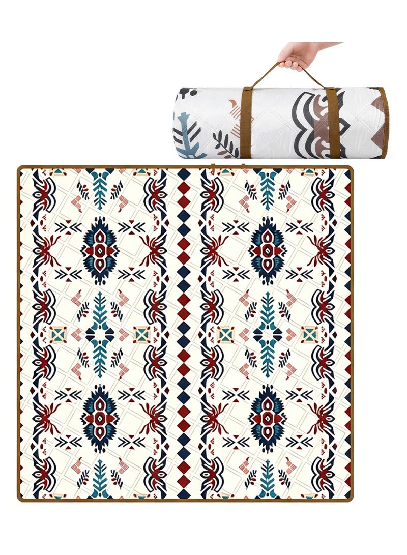 Extra Large Picnic Blanket 200x200cm, Waterproof 6-Layer Composite with Carrying Handle, Bohemian Aztec Pattern for Beach Camping Park - Image 1