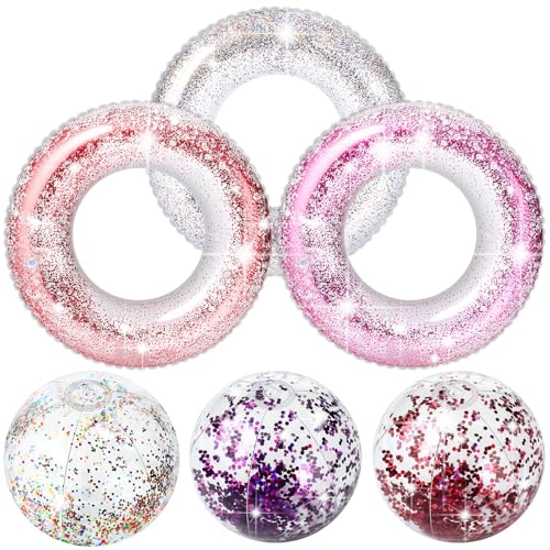 ShinyRelief 6 Pcs Pool Floats with Beach Balls 35'' Inflatable Transparent Glitters Pool Floats Tube Glitter Beach Balls Summer Beach Pool Tubes Floaties Rings Party Toys for Kids Adults Toddlers - Image 1