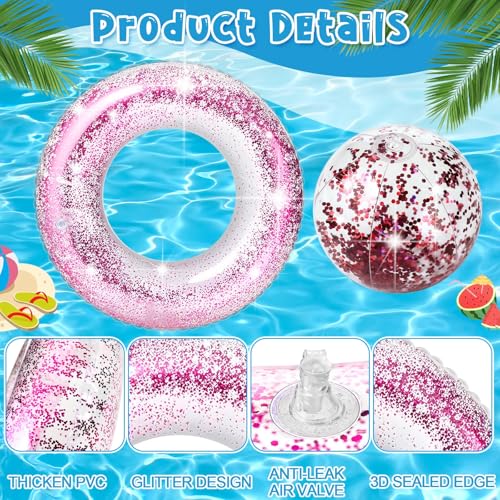 ShinyRelief 6 Pcs Pool Floats with Beach Balls 35'' Inflatable Transparent Glitters Pool Floats Tube Glitter Beach Balls Summer Beach Pool Tubes Floaties Rings Party Toys for Kids Adults Toddlers - Image 3