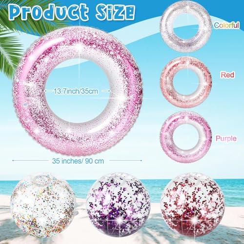 ShinyRelief 6 Pcs Pool Floats with Beach Balls 35'' Inflatable Transparent Glitters Pool Floats Tube Glitter Beach Balls Summer Beach Pool Tubes Floaties Rings Party Toys for Kids Adults Toddlers - Image 2