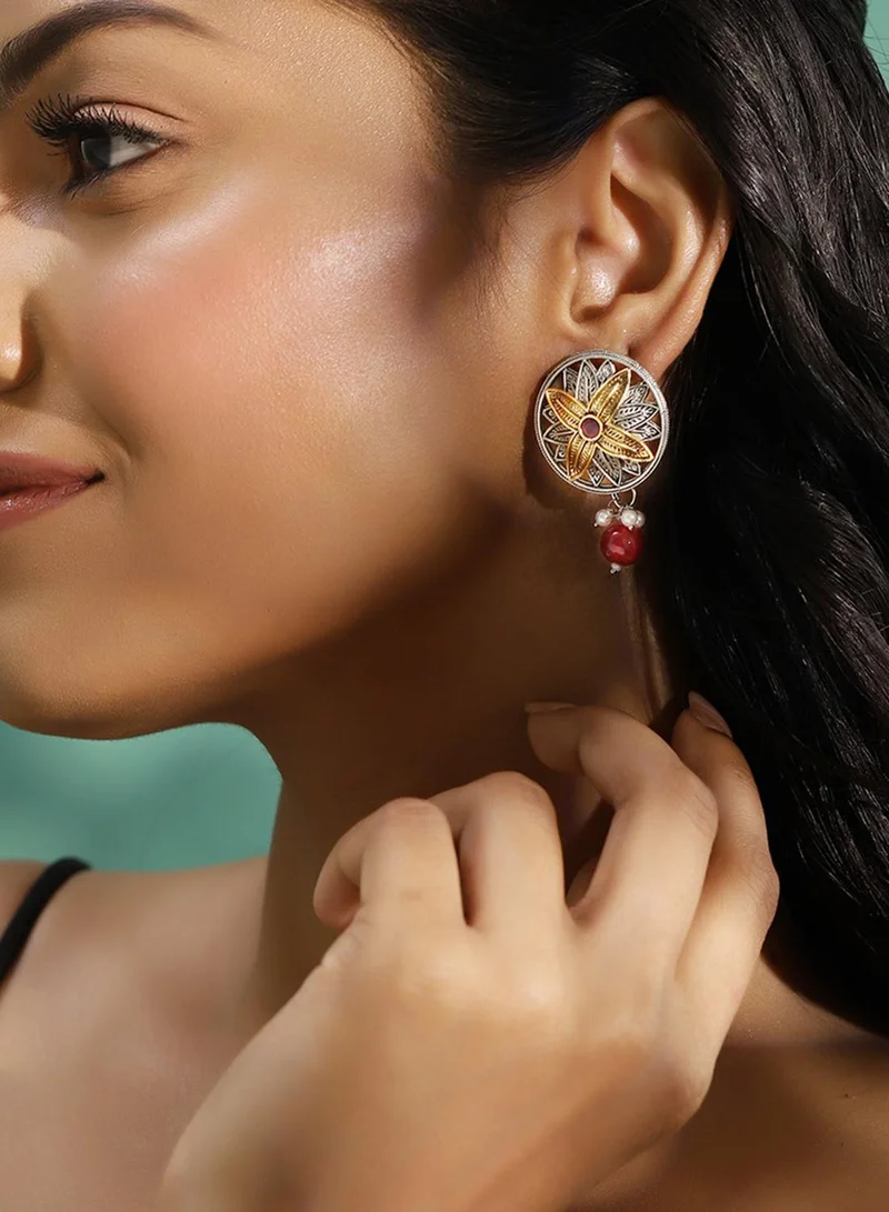 ISHIN Maroon Colour Metallic Grey Plated Beads Stud Earring