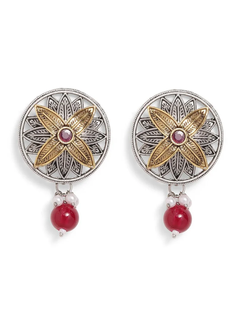 Ishin  Maroon Colour Metallic Grey Plated Beads Stud Earring for Women | Best Price UAE