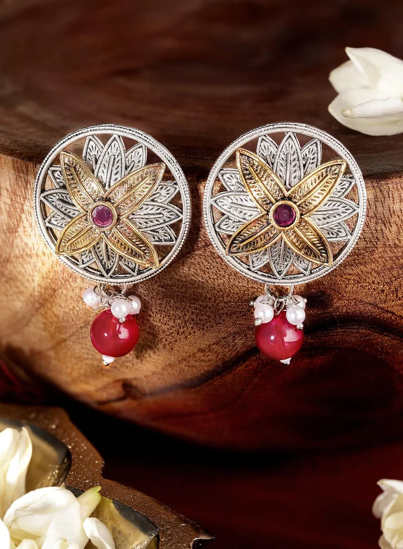 Ishin  Maroon Colour Metallic Grey Plated Beads Stud Earring for Women | Best Price UAE
