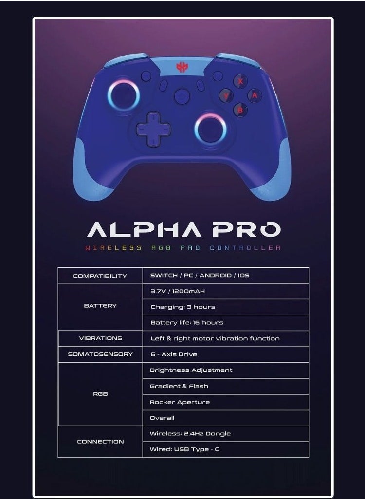 Generic - GXM Alpha E-Sport 4in1 Wireless Pro Controller, Blue For Nintendo Switch/Android/IOS/PC with RGB Light Bluetooth/Wireless/USB. - Image 1
