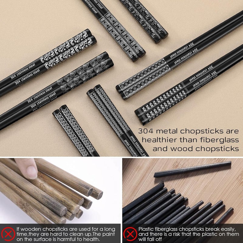 NEWDRIP 8 Pairs Metal Chopsticks Reusable Black Stainless Steel Chopsticks Set Laser Engraved Non-slip Japanese Korean Chinese Chopstick for Cooking Eating Dishwasher Safe 9.25" Chop Sticks Gift Set - Image 5