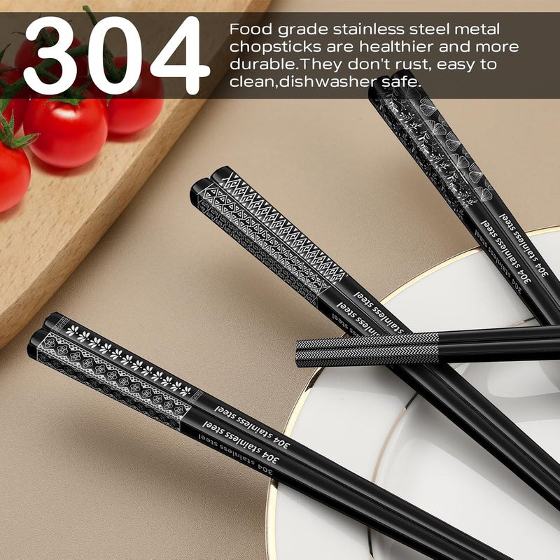 NEWDRIP 8 Pairs Metal Chopsticks Reusable Black Stainless Steel Chopsticks Set Laser Engraved Non-slip Japanese Korean Chinese Chopstick for Cooking Eating Dishwasher Safe 9.25" Chop Sticks Gift Set - Image 4