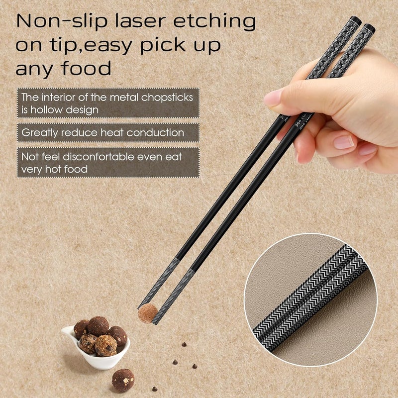 NEWDRIP 8 Pairs Metal Chopsticks Reusable Black Stainless Steel Chopsticks Set Laser Engraved Non-slip Japanese Korean Chinese Chopstick for Cooking Eating Dishwasher Safe 9.25" Chop Sticks Gift Set - Image 3